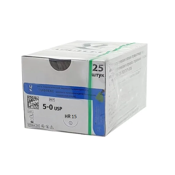 Изображение УНИФЛЕКС 5/0 100см 25шт мононить поливинилиденфторидная синяя игла колющая HR-15мм х2шт
