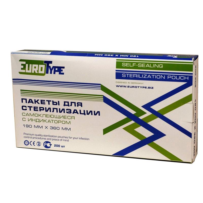 Изображение Пакет 190х360мм 200шт Euro type / Евротайп для паровой и газовой стерилизации самоклеящийся