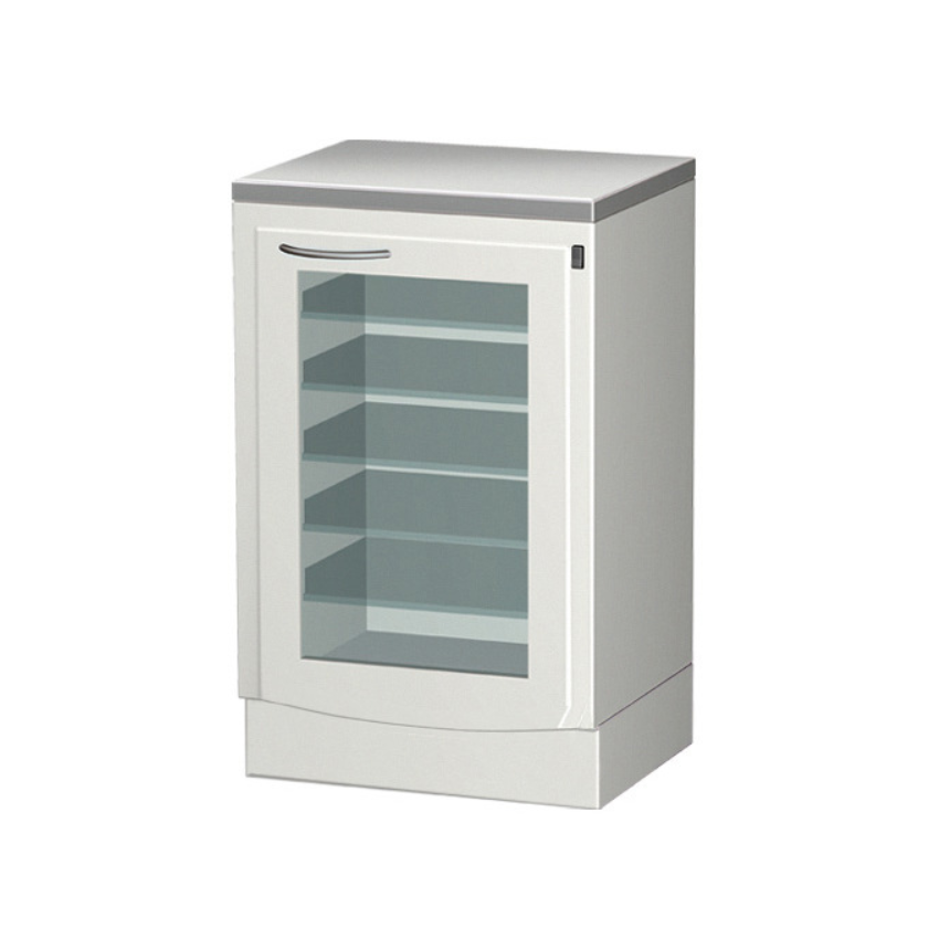 Изображение Стол-тумба СЕ 110-2М с восемью выдвижными полками, облучателем бактерицидным для хранения стерильного инструмента и стеклянной дверью, 1шт