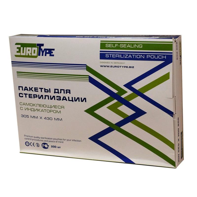 Изображение Пакет 230х395мм 200шт Euro type / Евротайп для паровой и газовой стерилизации самоклеящийся