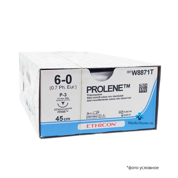 Изображение Пролен W8871Т 6/0 45см синий прайм обратно-режущая 13мм 3/8 х24шт