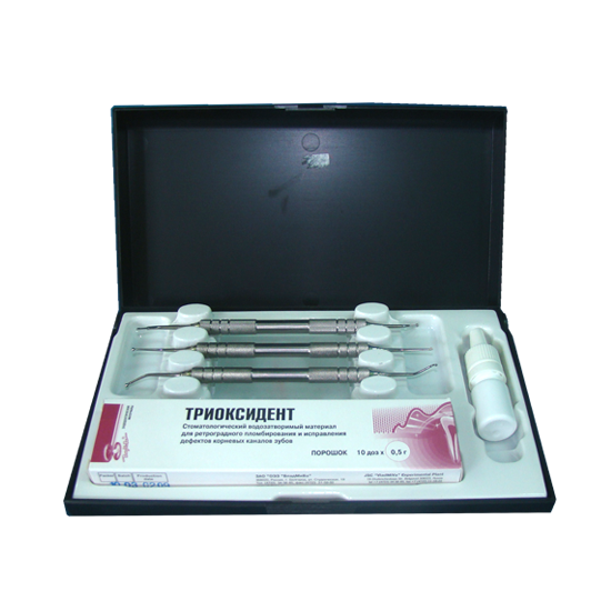 Изображение Триоксидент кальций-алюмосиликатный цемент, 0,3гр х 10шт + 3 инструмента в комплекте