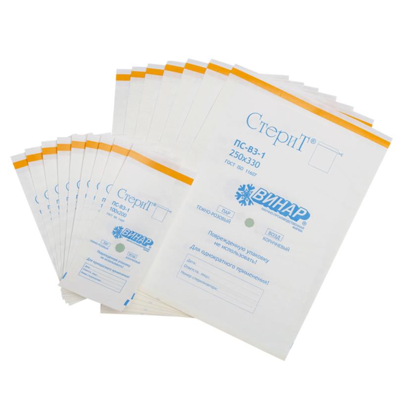 Изображение Пакет 250х320мм 100шт СтериТ из влагопроч бумаги белые для стерилизации Винар